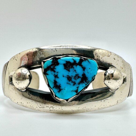 Vintage Sterling Silver Cuff Bracelet With Kingman Turquoise Gemstone 32 Grams - Picture 9 of 11